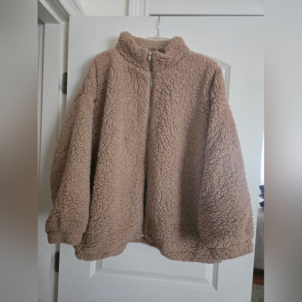 Nine West Tan Beige Sherpa Teddy Zip Jacket